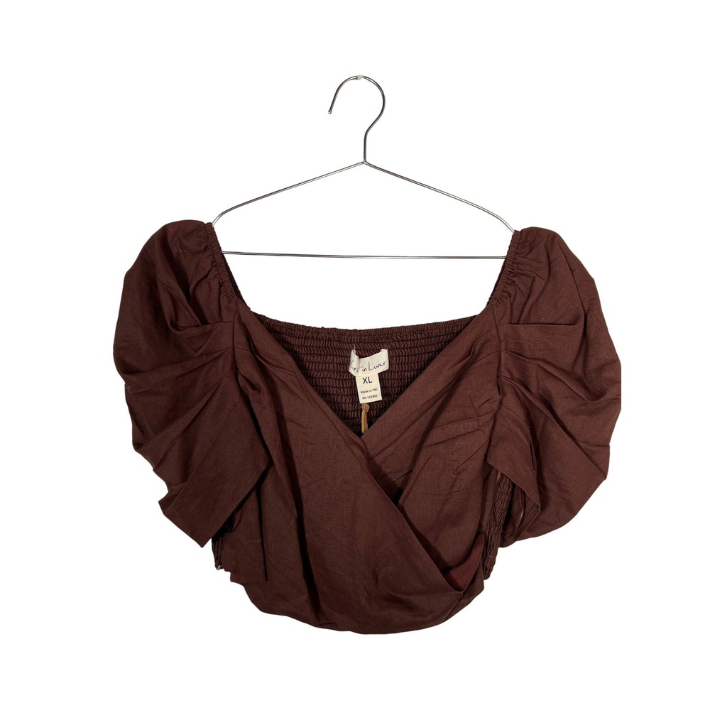 Lost in Lunar Brown Linen Blend Puff Sleeve Smocked Crop Top Boho XL